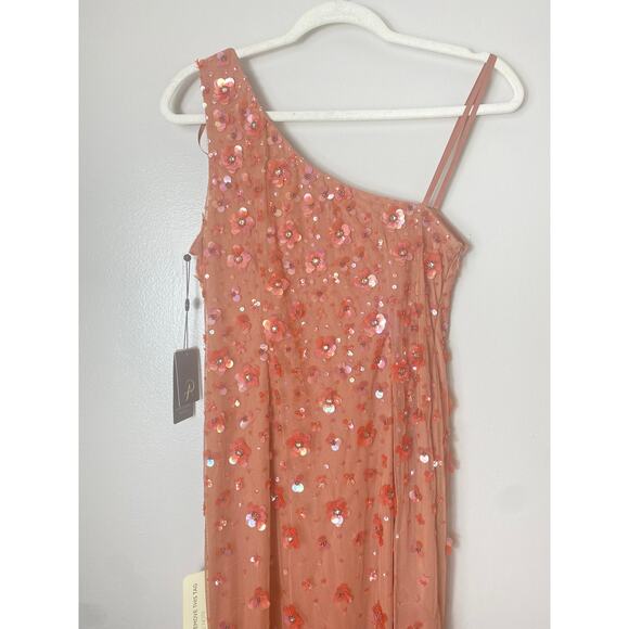 ADRIANNA PAPELL DRESS 6 LONG FORMAL FLORAL 3D SEQUIN ONE SHOULDER WEDDING GUEST - Picture 11 of 16